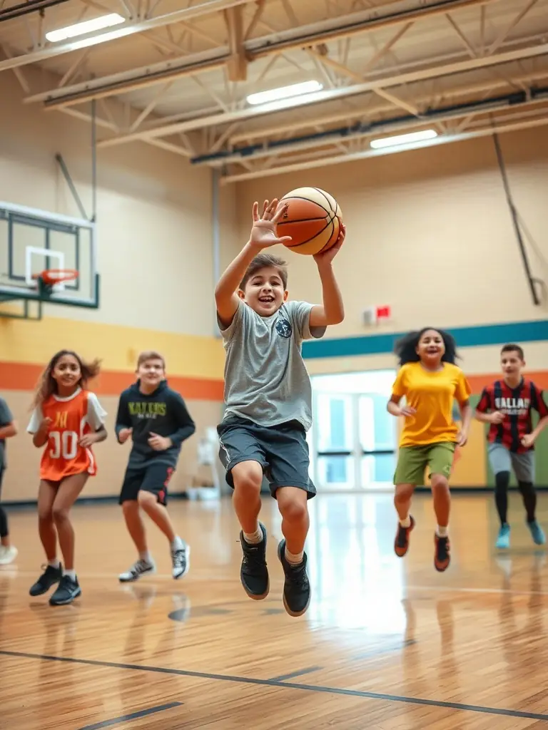 A group of students enthusiastically participating in a basketball drill, focusing on coordination and agility, set against the backdrop of the school gymnasium.