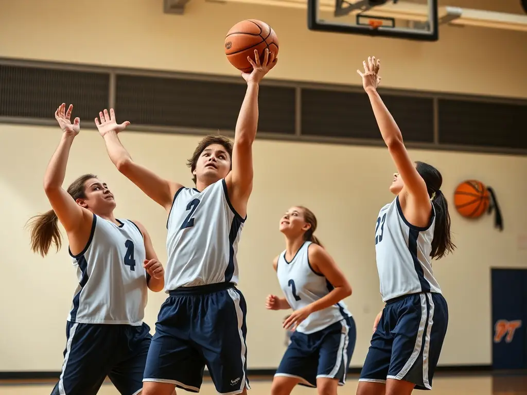 An action shot of students enthusiastically participating in a basketball game, demonstrating teamwork and sportsmanship.