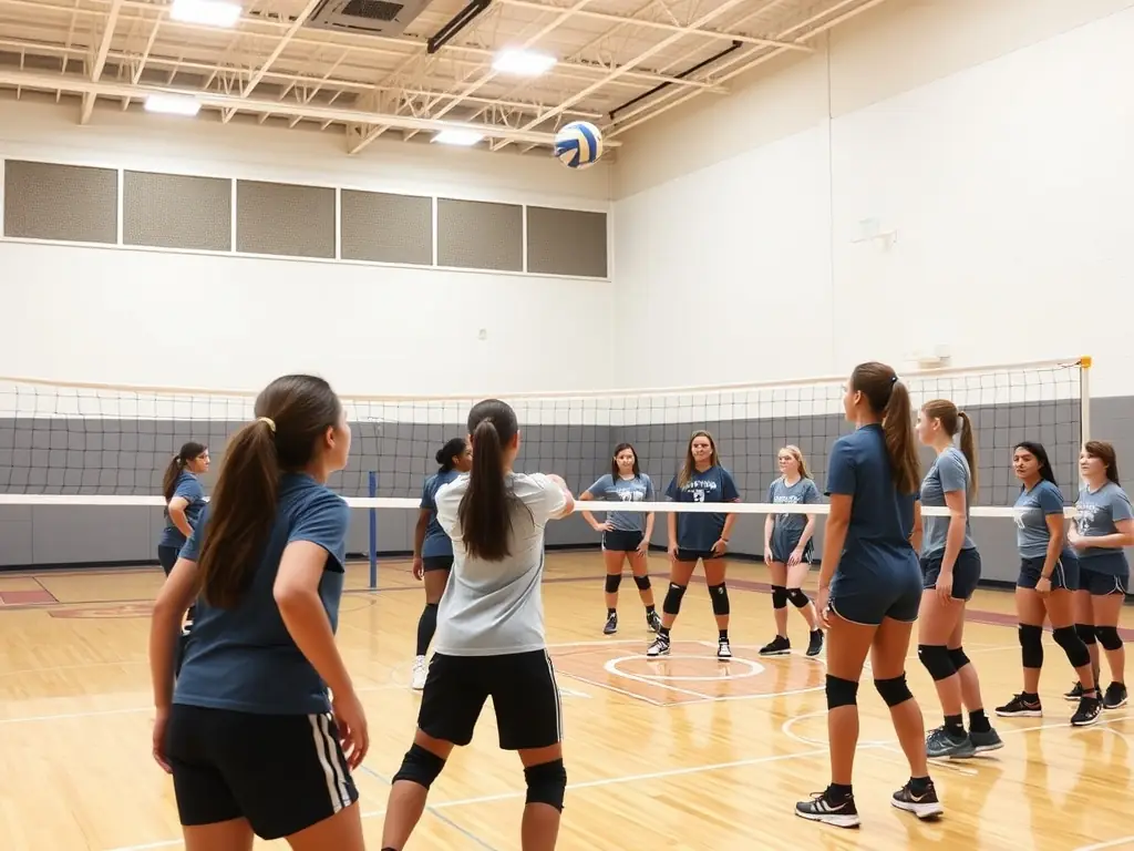 A group of students practicing their volleyball skills during a training session, focusing on coordination and teamwork.