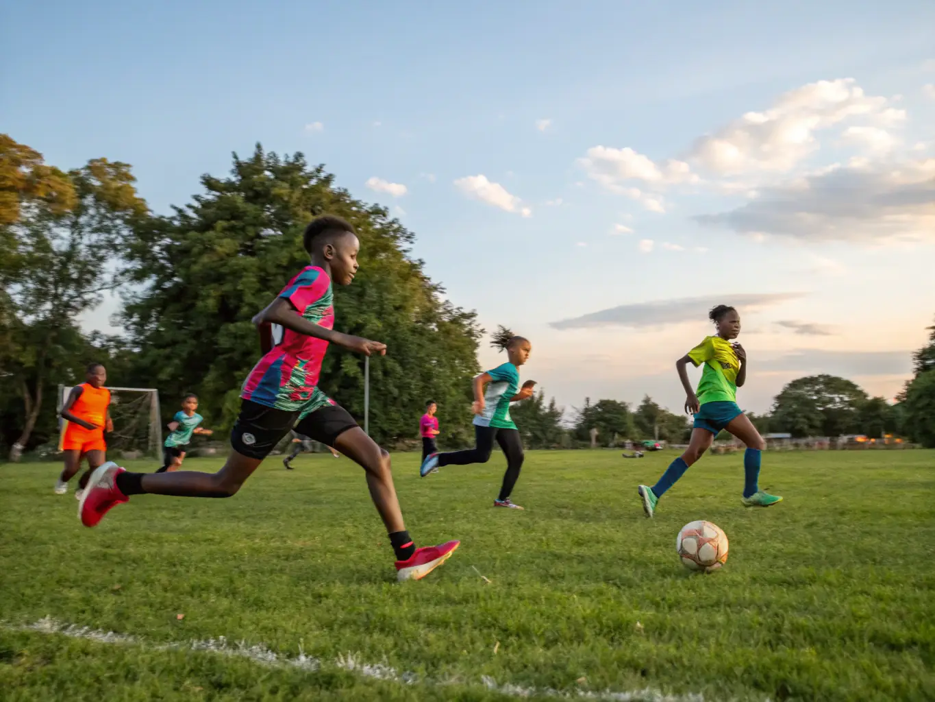 A group of students participating in a soccer match, demonstrating teamwork and strategic play, with the school's soccer field in the background.