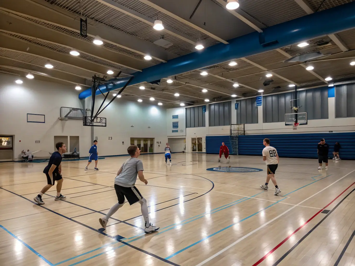 A group of students participating in a basketball training session, focusing on teamwork and skill development, set against the backdrop of the school gymnasium.