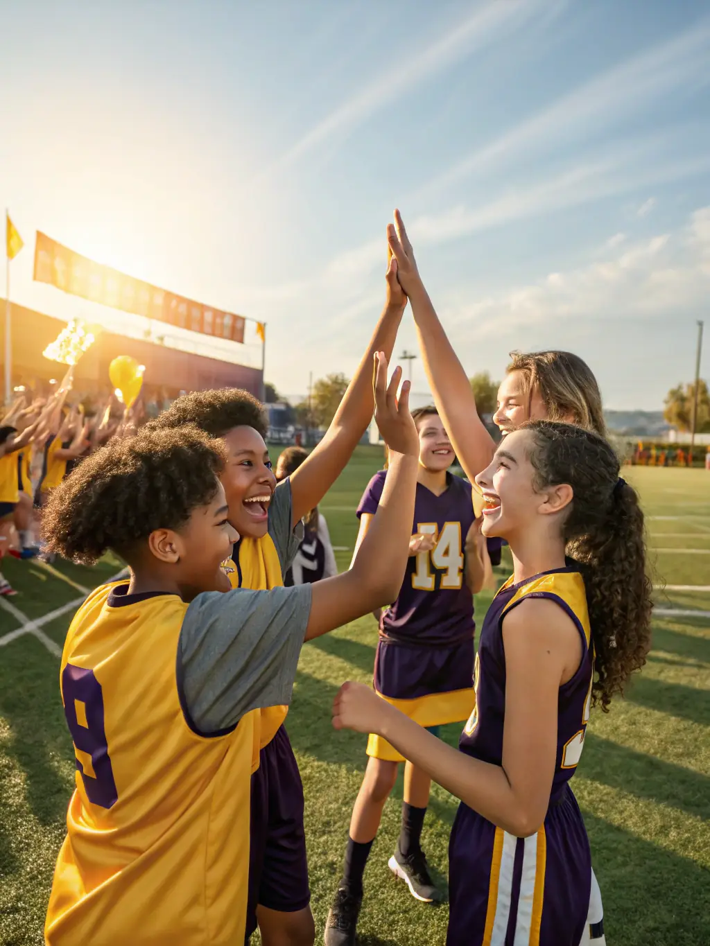 Diverse group of students celebrating a victory, showcasing the inclusive and community-focused atmosphere of L'ELAN SPORTIF.