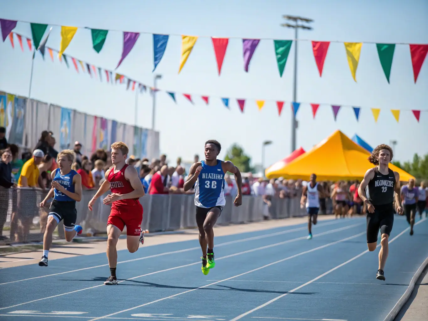 Students engaged in a track and field event, showcasing their speed and agility, with the school's track as the setting.