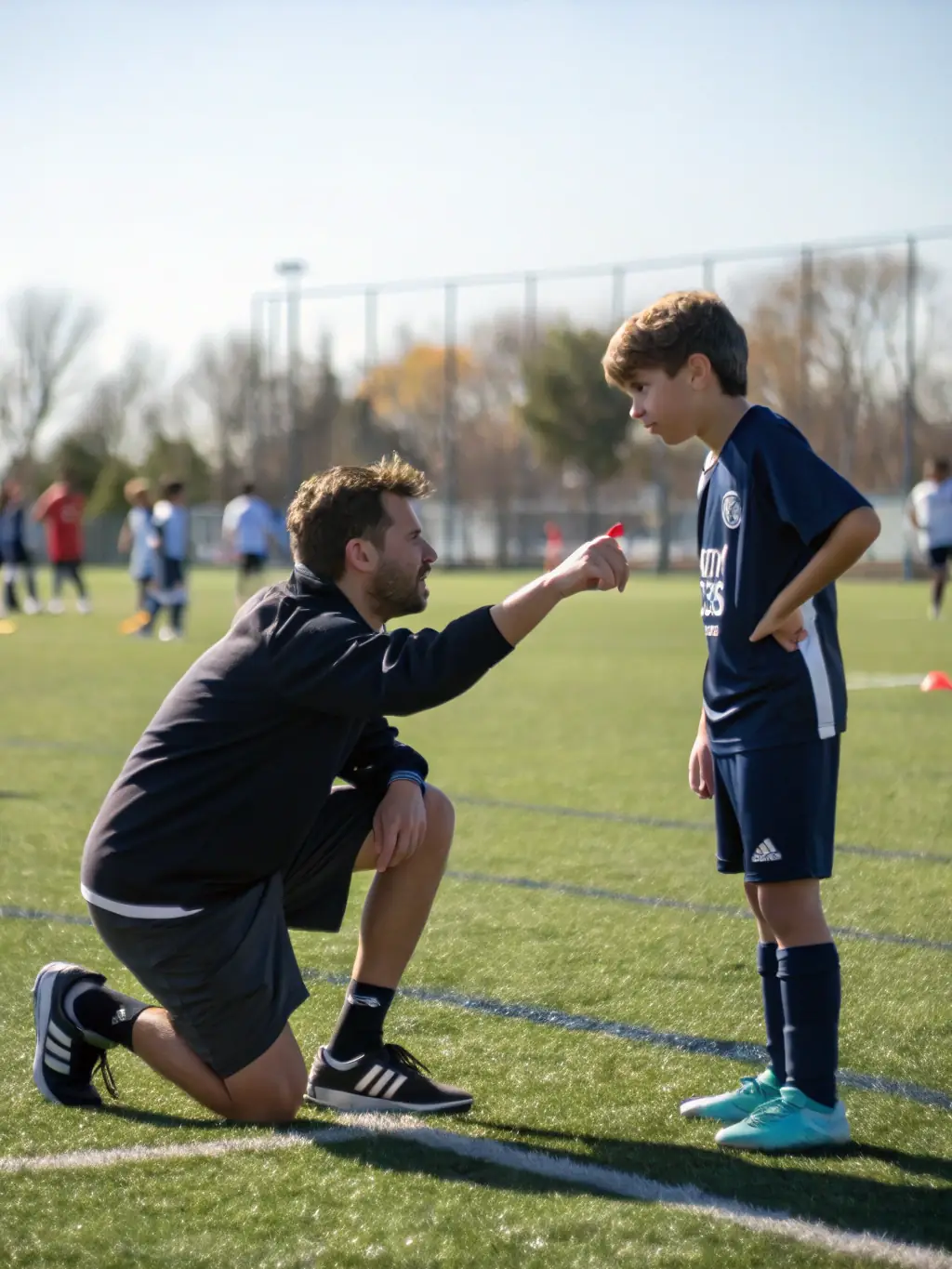 A student athlete receiving encouragement from a coach, highlighting the supportive and nurturing environment that promotes personal growth and confidence.